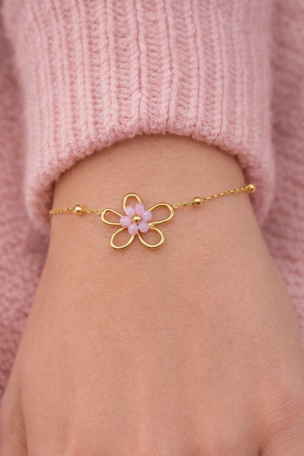 Armband Doppel Bettelarmband Gold Crystal 17,5 cm Blume Rosa Nickelfrei Sweet7