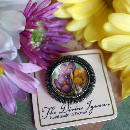 Brosche Glas-Cabochon-Brosche mit Frühlings-Krokusblumen Anstecknadel