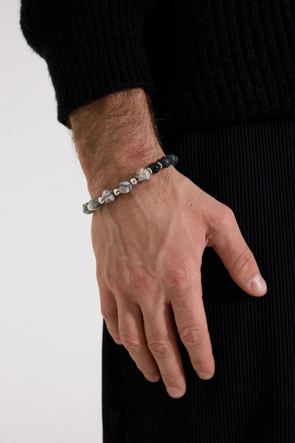 Yehwang Armband, Herrenarmband elastisch, Perlen Schwarz-Grau oder Schwarz-Braun