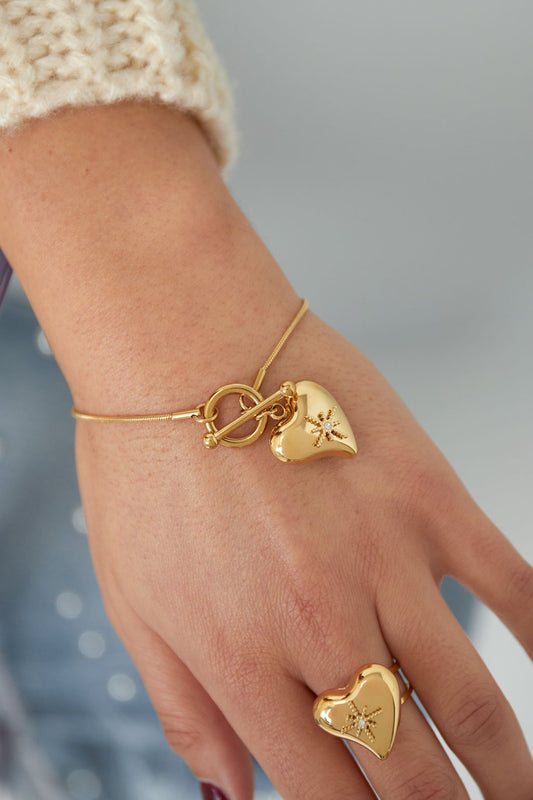 Yehwang Armband, Schlossarmband mit großem Herzanhänger in Gold- und Silberfarben