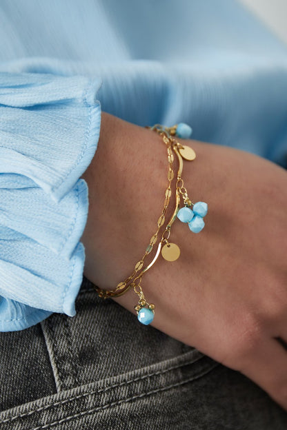 Yehwang Armband, Filigranes Doppelarmband mit Beige oder Blauen Crystal Perlen
