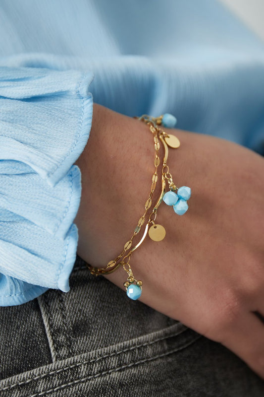 Yehwang Armband, Filigranes Doppelarmband mit Beige oder Blauen Crystal Perlen