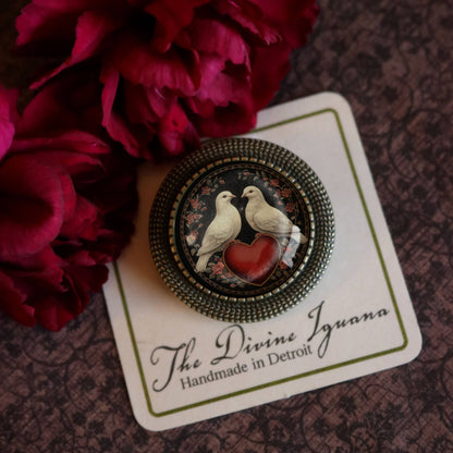 Brosche Anstecknadel Liebesvogel-Tauben Bronze und Glas Valentinstag Brosche