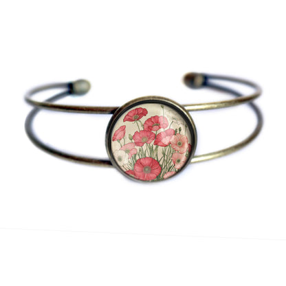 Armband Cabochon-Manschettenarmband Glas mit rosafarbenen roten Mohnblumen