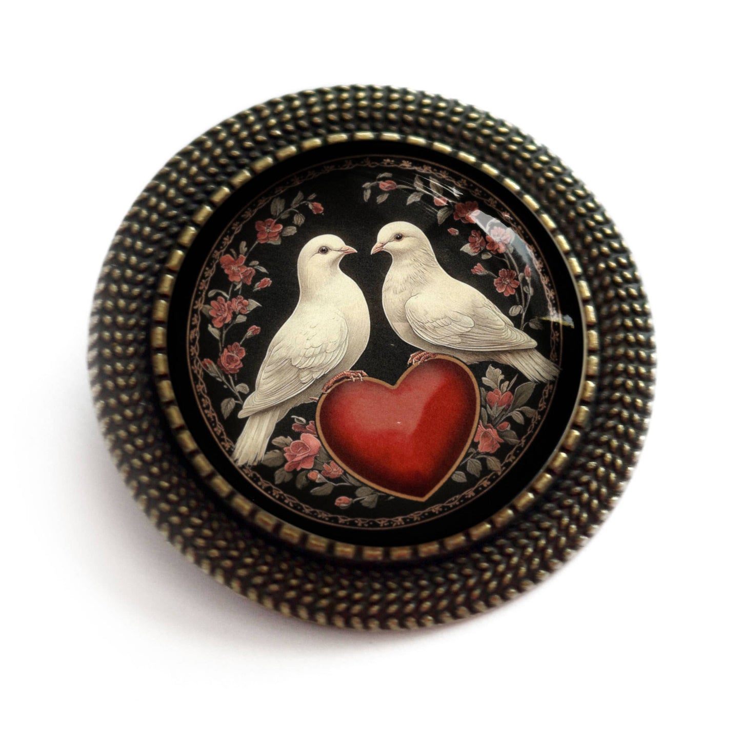 Brosche Anstecknadel Liebesvogel-Tauben Bronze und Glas Valentinstag Brosche