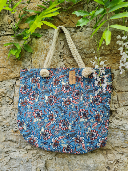 Shopper Blau mit Blumen Juleeze strandtasche einkaufstasche kordeltasche urlaub strand schwummband