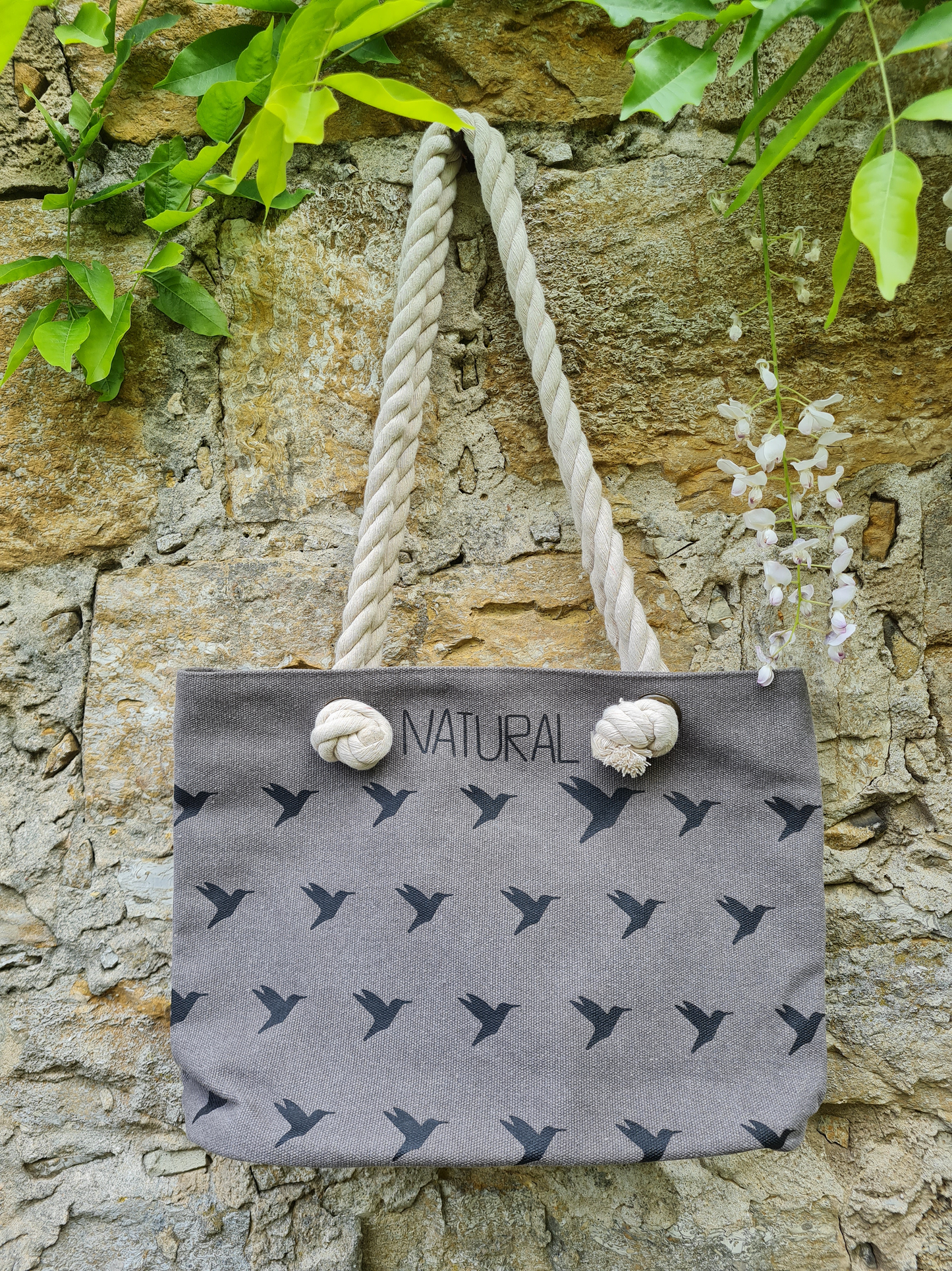 Shopper Tasche Juleeze Grau mit Vögel Einkaufstasche Kordeltasche Vögel