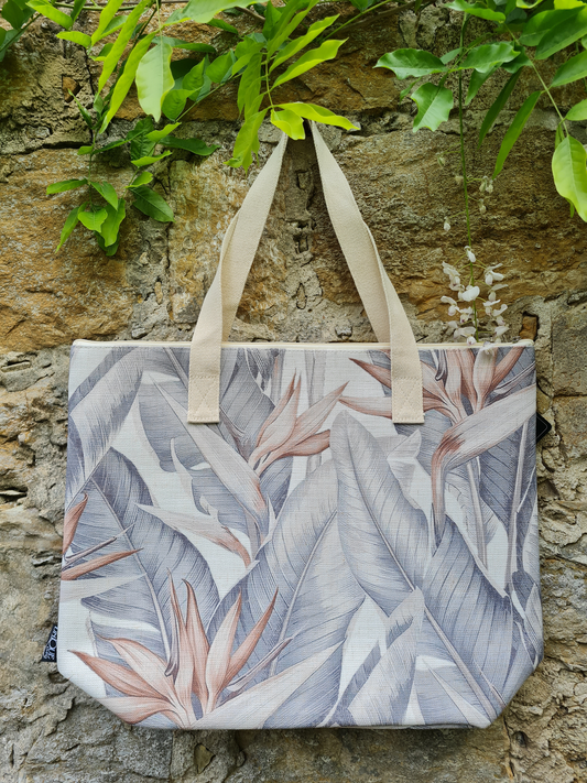 Strandtasche Paradisvogelblume Muster Schopper Grau  Reißverschluss elegant Einkaufstasche