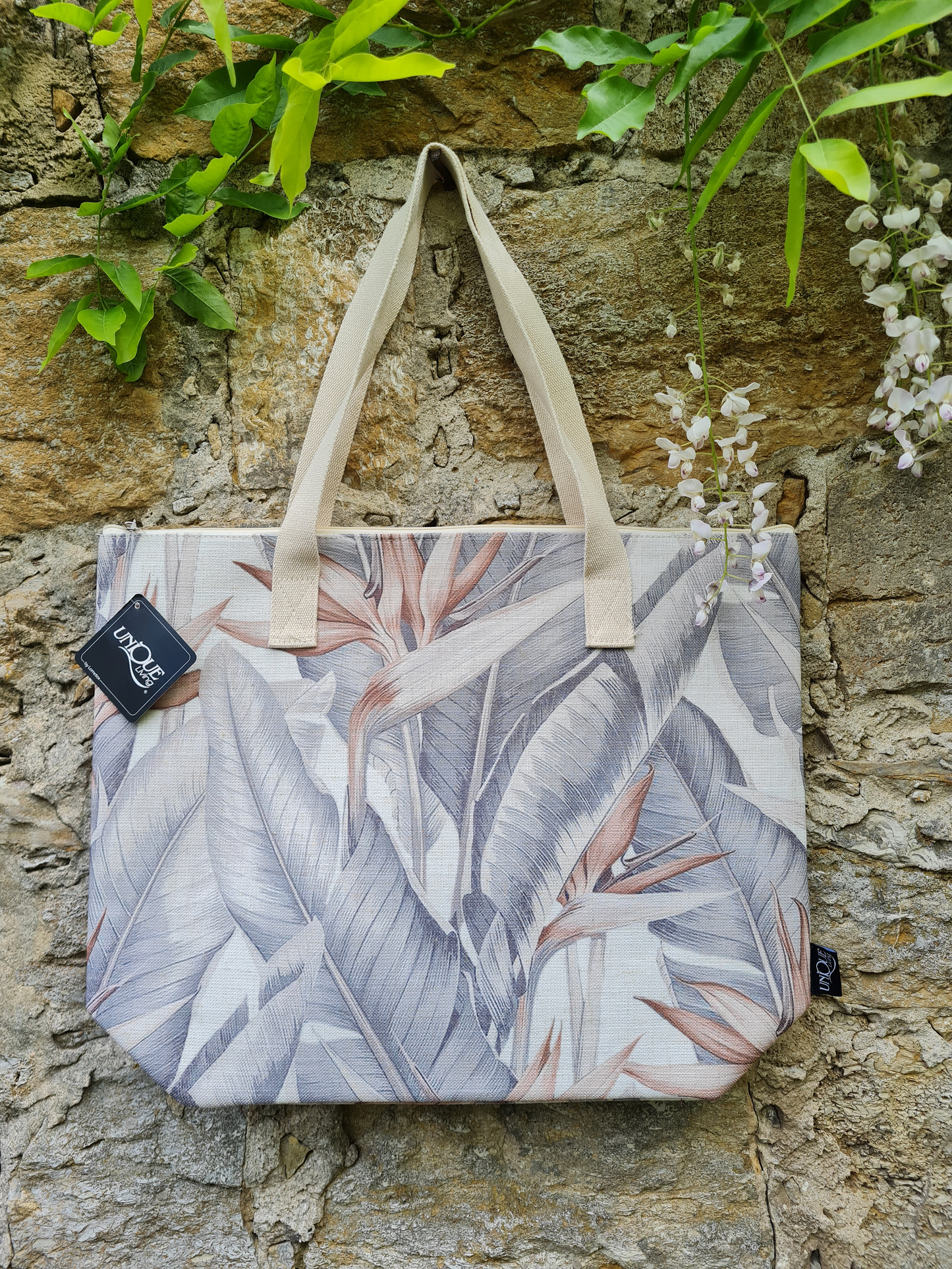 Strandtasche Paradisvogelblume Muster Schopper Grau  Reißverschluss elegant Einkaufstasche