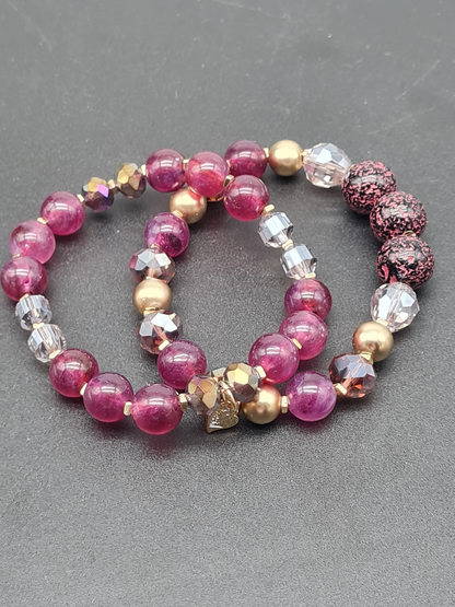 Sweet 7, Armband, elastisch, Lila-rote Töne 2er Set