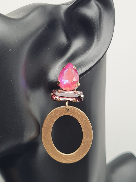 Sweet7 Ohrringe, Ohrhänger Gold Mattfarben, mit Pinker Strass