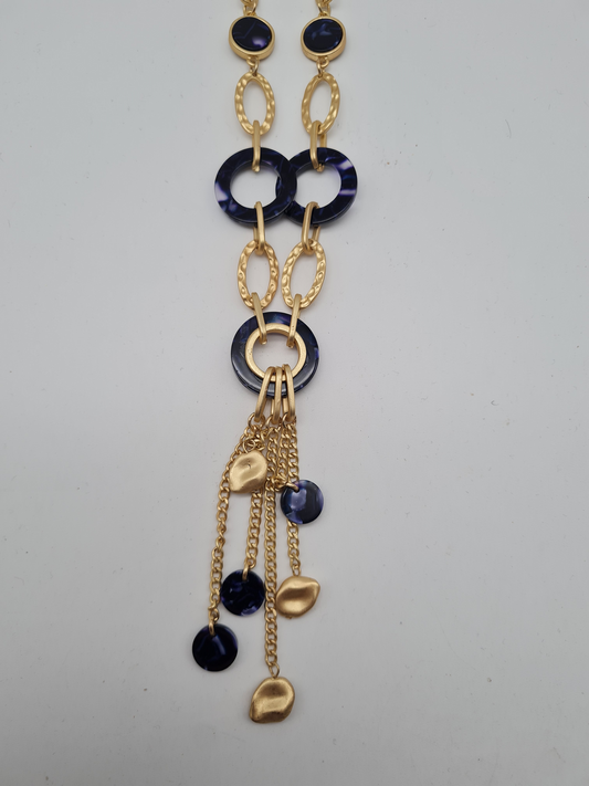 Sweet7 Halskette Langkette Matt Goldfarben mit Blaue Elemente