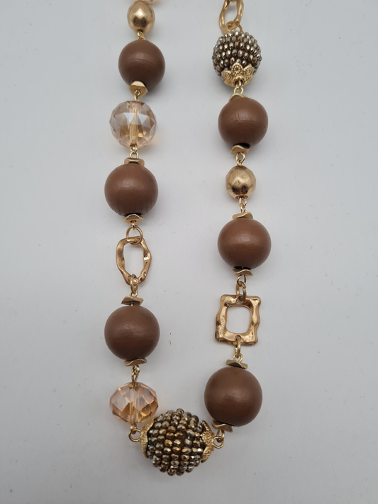 Sweet7 Halskette Langkette Haselnuss-Farbe und Matt-Goldene Elemente