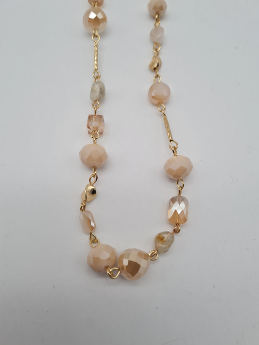 Sweet7 Halskette Langkette Gliederkette mit Blassrose und Beige Perlen