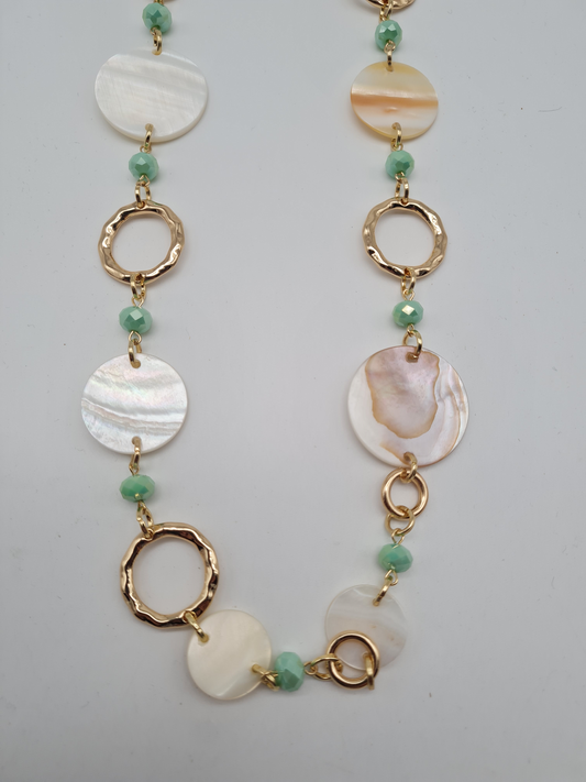 Sweet7 Halskette Langkette Boho-Look Mintgrün mit Muschel-Highlights