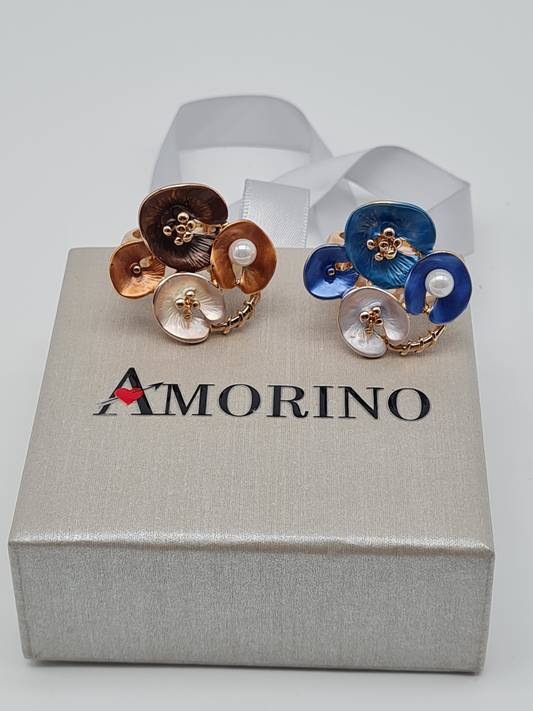 Amorino Ring, Elastischer Ring mit Emailliertem Volant, Lotusblätter Blau und Braun