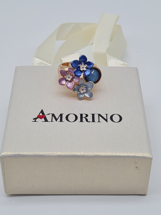 Amorino Ring, Elastischer Ring mit Emailliertem Volant, Blue and Pink Flowers