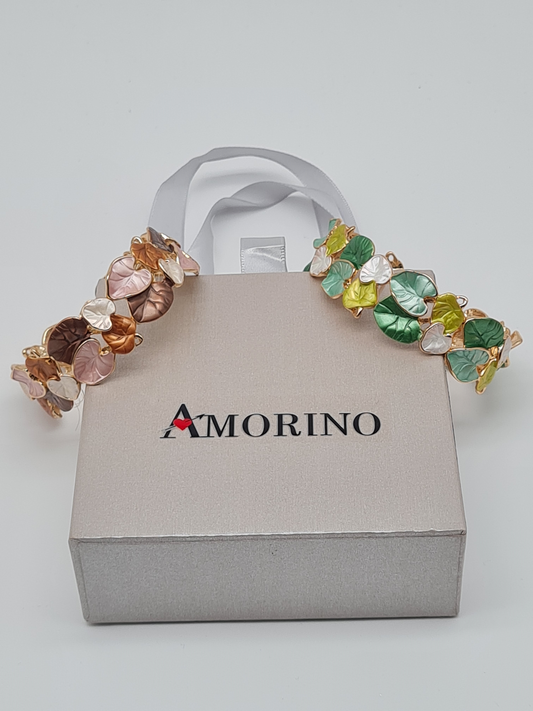 Amorino Armband, elastisch Tropenblätter in Lila-Braun und Grün-Töne