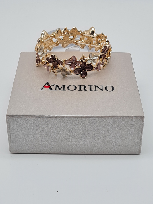 Amorino Armband, elastisch Blumenarmband, Kaffeebraun Beige und Lila