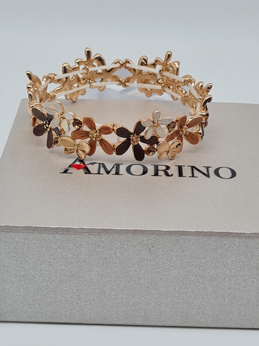 Amorino Armband, elastisch Blumenarmband und Schmetterlinge, Kaffeebraun Beige und Lila