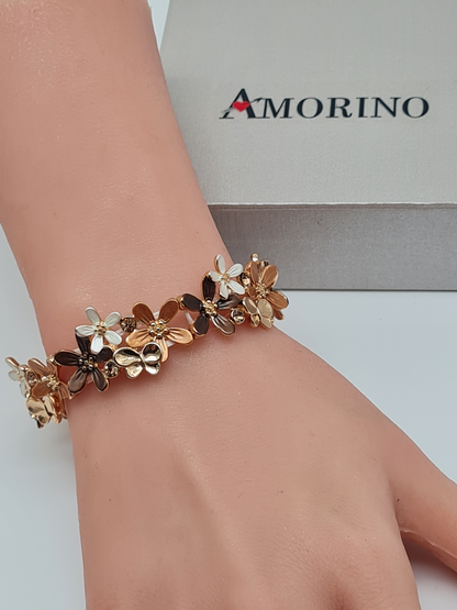 Amorino Armband, elastisch Blumenarmband und Schmetterlinge, Kaffeebraun Beige und Lila