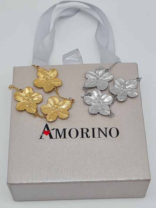 Amorino Armband, filigranes Armband mit 3 Butterblumen in Silber und Goldfarben, Elegant