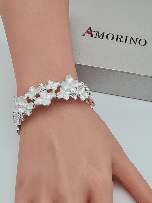 Amorino Armband, elastisches Armband in Silberweiß mit Blumenmuster