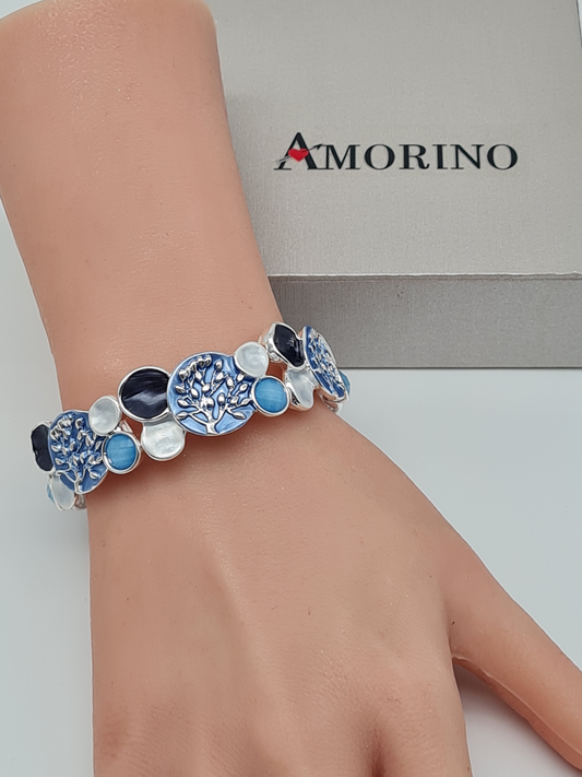 Amorino Armband, elastisches Armband Silber, Blau und Schwarzfarbig mit Lebensbaum
