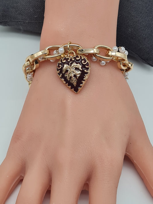 Cosmos Armband, Große Gliederkette mit eingewebte Perlen und Herzanhänger
