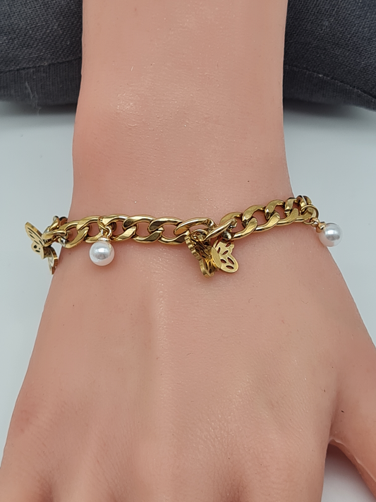 Cosmos Armband, Goldfarbene Gliederkette mit Schmetterlinge und Perlchen