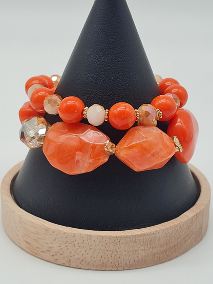 Biba Perlenarmband, Doppelkette mit verschieden Größen Orange Perlen