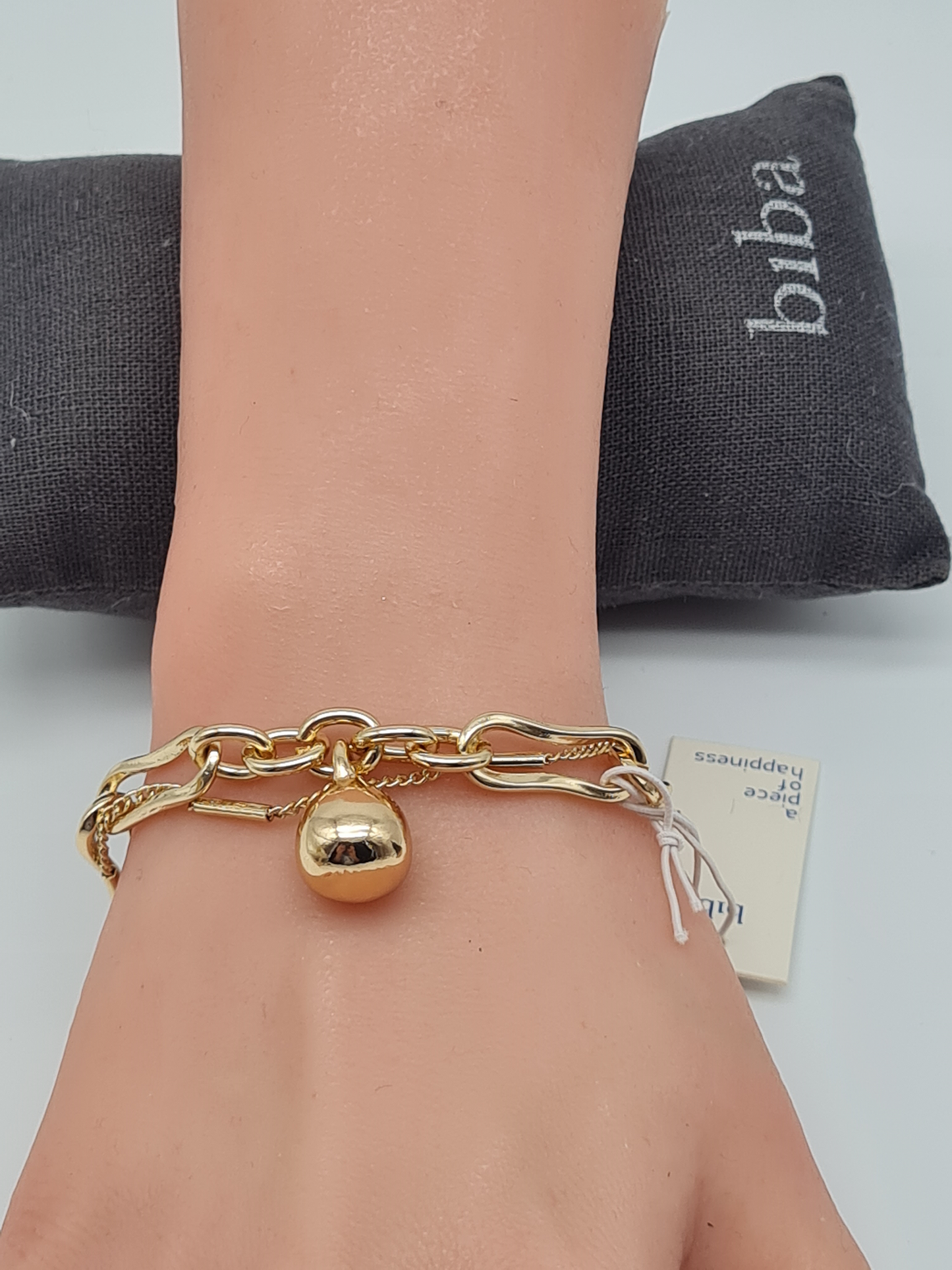 Biba Doppel-Gliederarmband, verwebt und mit Goldene Kugel-Anhänger