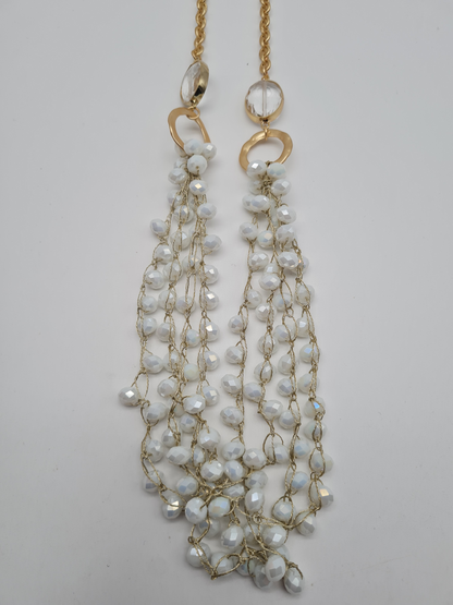Biba Langhalskette Goldfarben mit Perlenanhänger in Creme-grau und Strassteinen