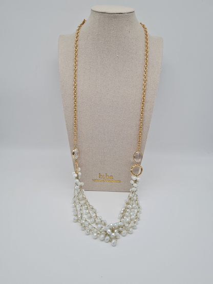 Biba Langhalskette Goldfarben mit Perlenanhänger in Creme-grau und Strassteinen