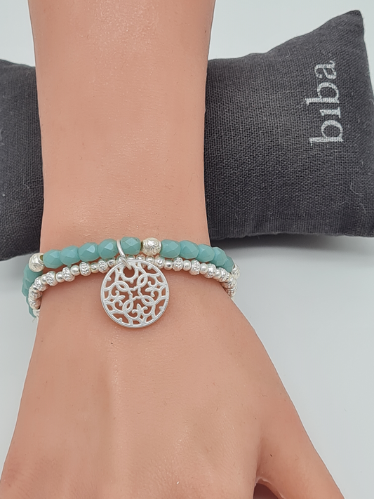 Biba Armband Meeresblau mit Silberfarben und Anhänger Mandala