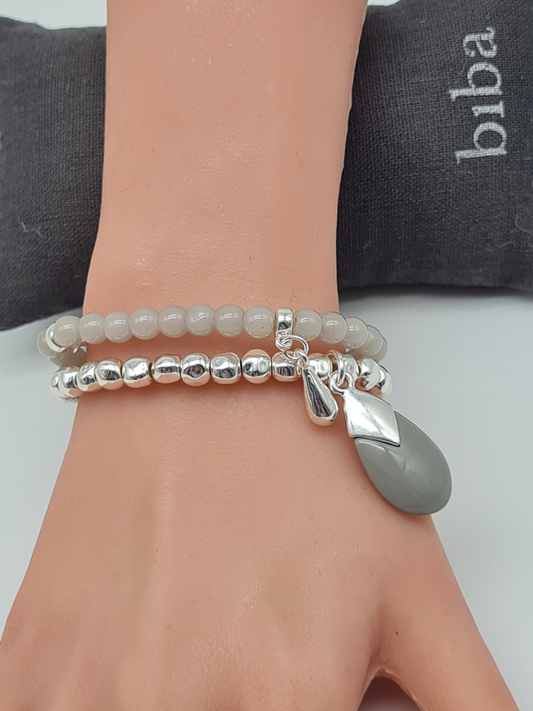 Biba Armband elastisch Silberfarbig mit Graue Jade Steinchen