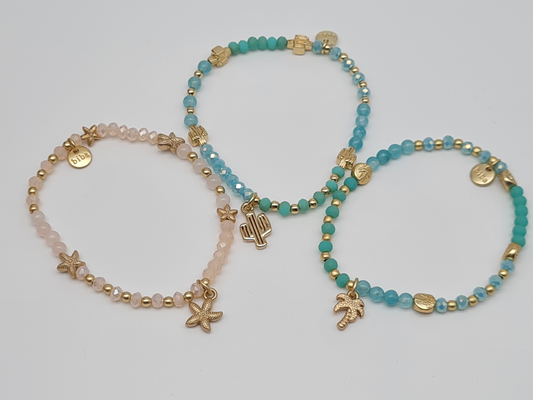 Biba Armband elastisch Creme, Türkis, mit Anhänger Seestern, Palme oder Kaktus