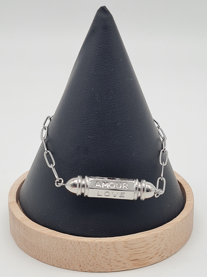 Yehwang Armband Kugelperle mit Gravur  'Love' 'Amour' Silberfarben