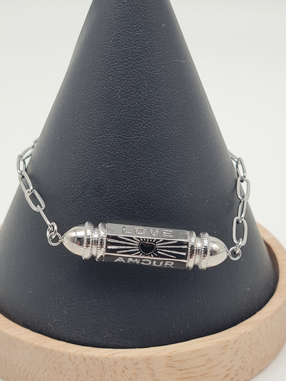 Yehwang Armband Kugelperle mit Gravur  'Love' 'Amour' Silberfarben
