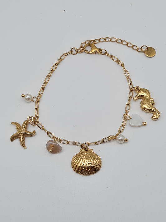 Wauw Bettelarmband Muschel Seestern Süßwasserperle Seepferdchen Nickelfrei