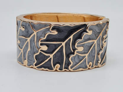 Yehwang Klapp-Armband Goldfarben mit Graue Blätter Emaille Nickelfrei
