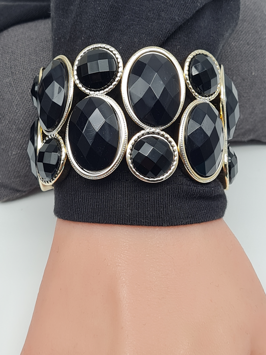 Yehwang Stretch Armband  Schwarz Goldfarben Nickelfrei Breit