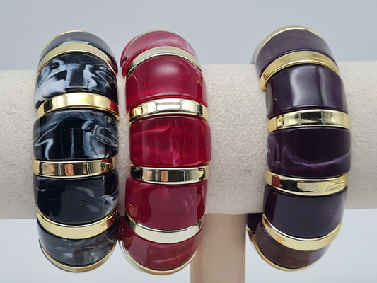 Cosmos Stretch Armbänder Goldfarben mit Schwarz Pink oder Lila Marmor Look Nickelfrei