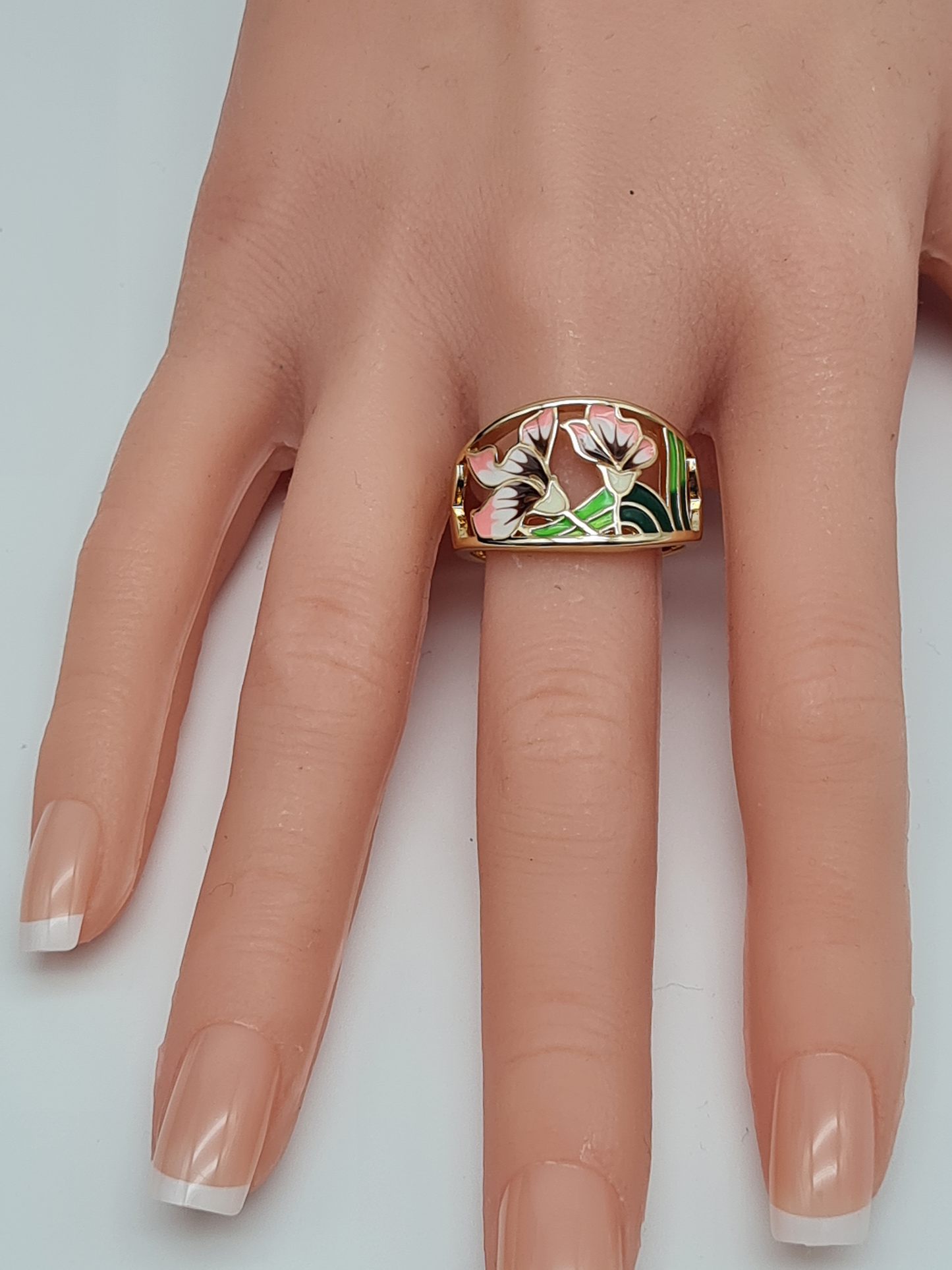 Amorino Ring Jungendstil Blumen Muster Goldfarben Rosa Grün Nickelfrei Große 8 9 10