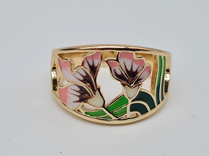 Amorino Ring Jungendstil Blumen Muster Goldfarben Rosa Grün Nickelfrei Große 8 9 10