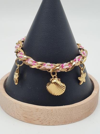 Sensibling Corp. Armband Bunt Rosa Pink Ginkgo Blatt Goldfarben Nickelfrei Textil