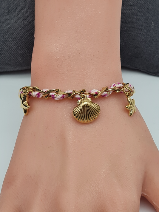 Sensibling Corp. Armband Bunt Rosa Pink Ginkgo Blatt Goldfarben Nickelfrei Textil