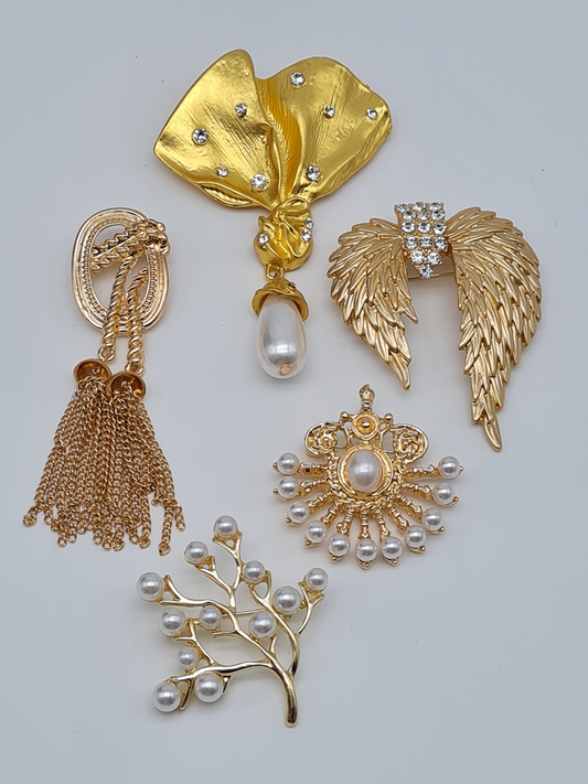 Brosche Goldene Oranmente schleife strass flügel ast perlen quaste fächer