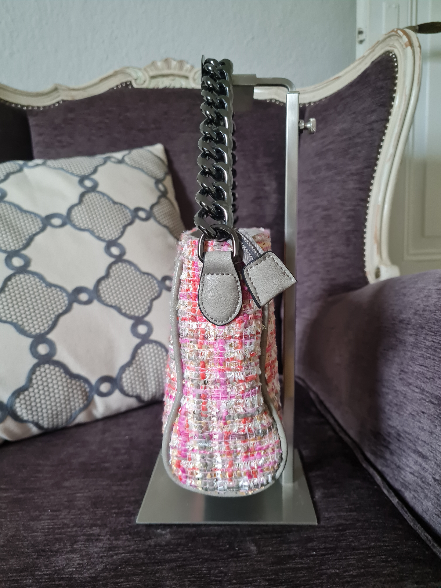 Handtasche Ines Delaure Tweed Rosa Ausgefallen Umhängetasche pink luxus