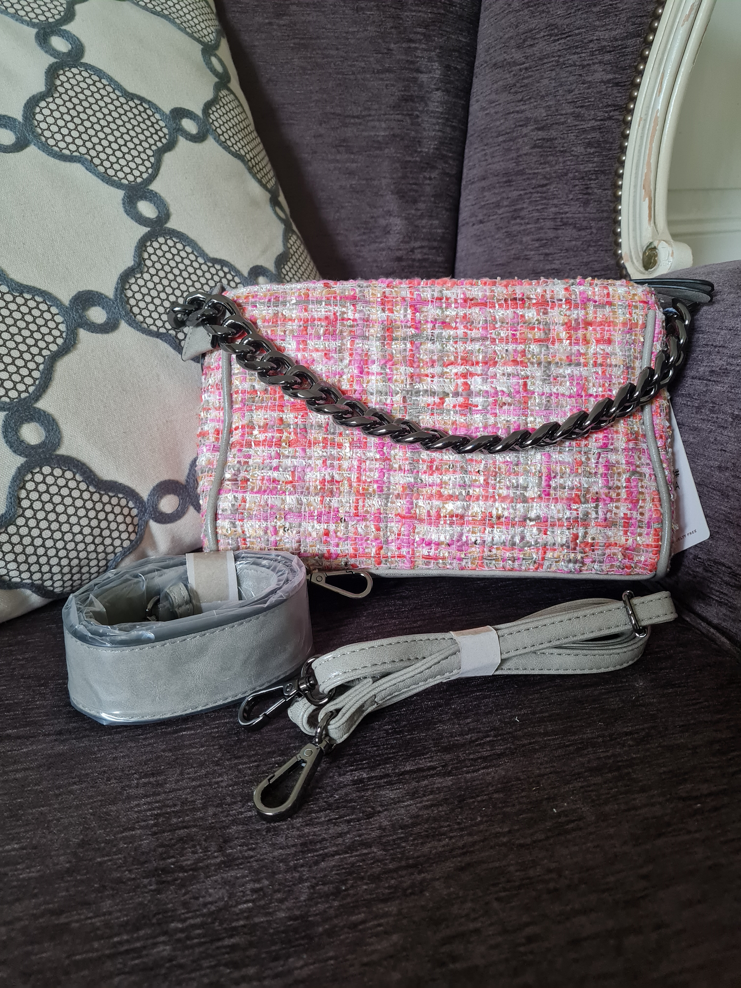 Handtasche Ines Delaure Tweed Rosa Ausgefallen Umhängetasche pink luxus